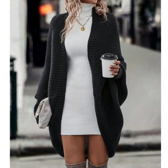 black Open Front Batwing Sleeve Duster sweater cardigan - Picture 2 of 7